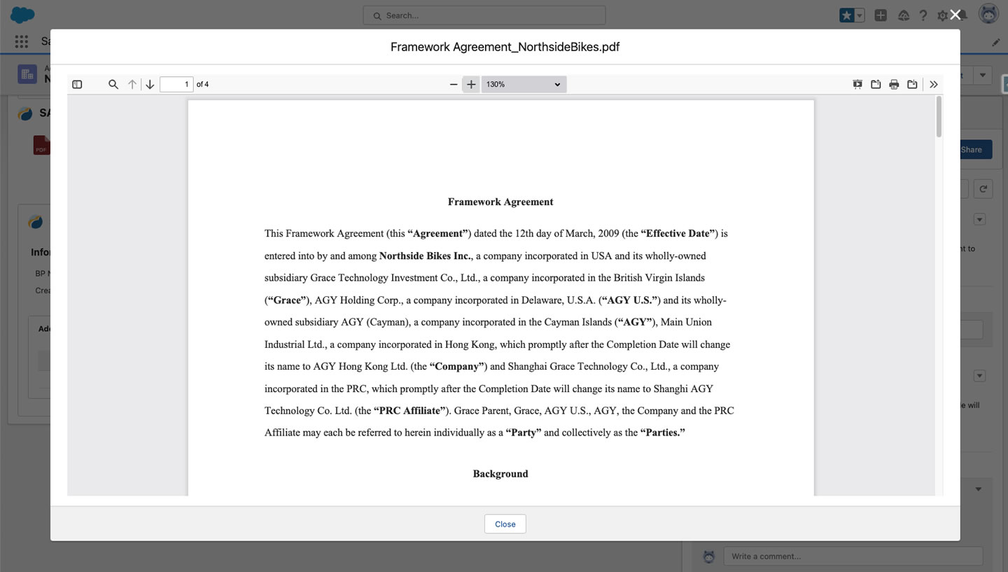 PDF eines Vertrags, angezeigt inline in Salesforce