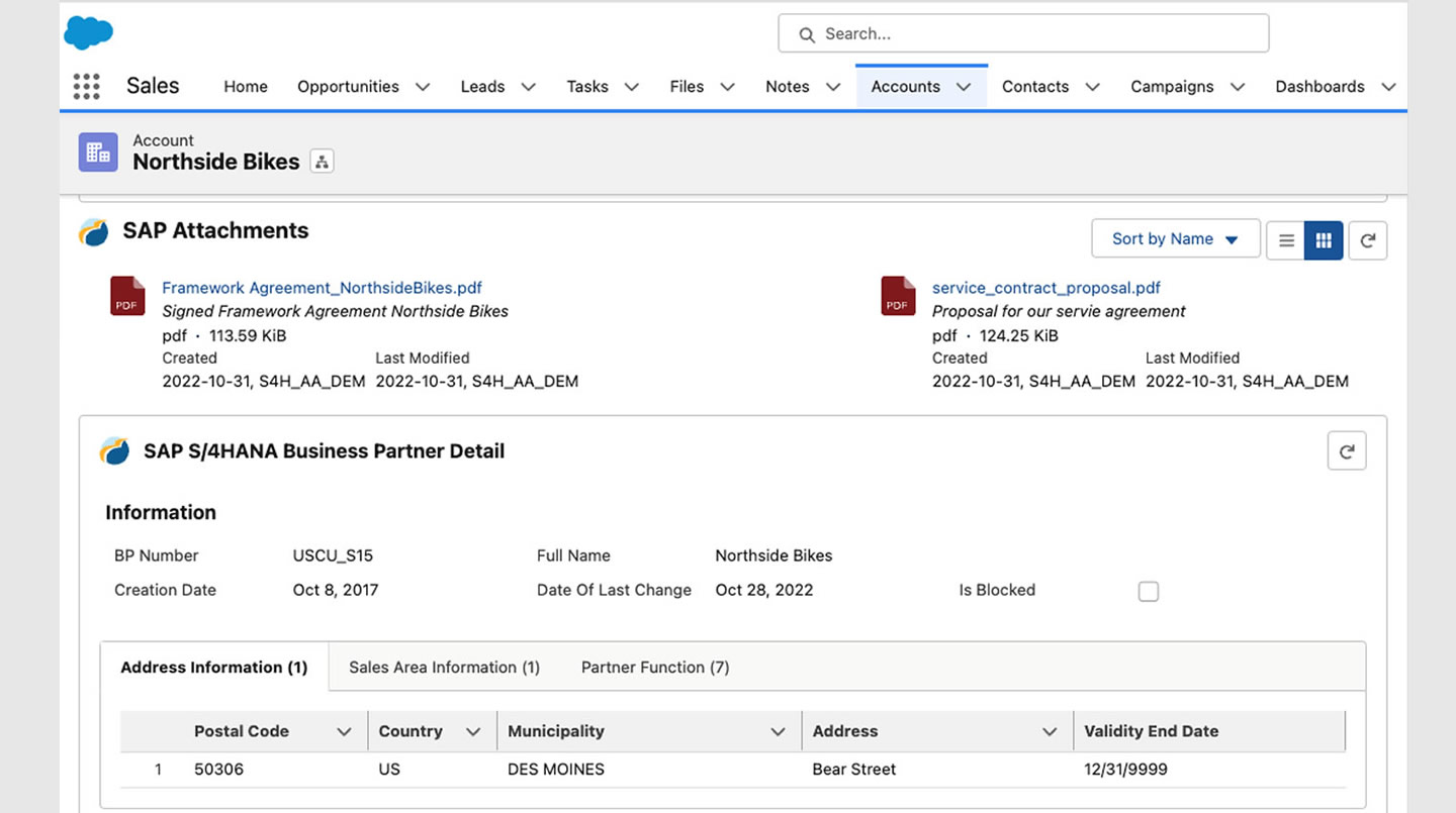SAP Attachments displayed in the context of an Account in Salesforce