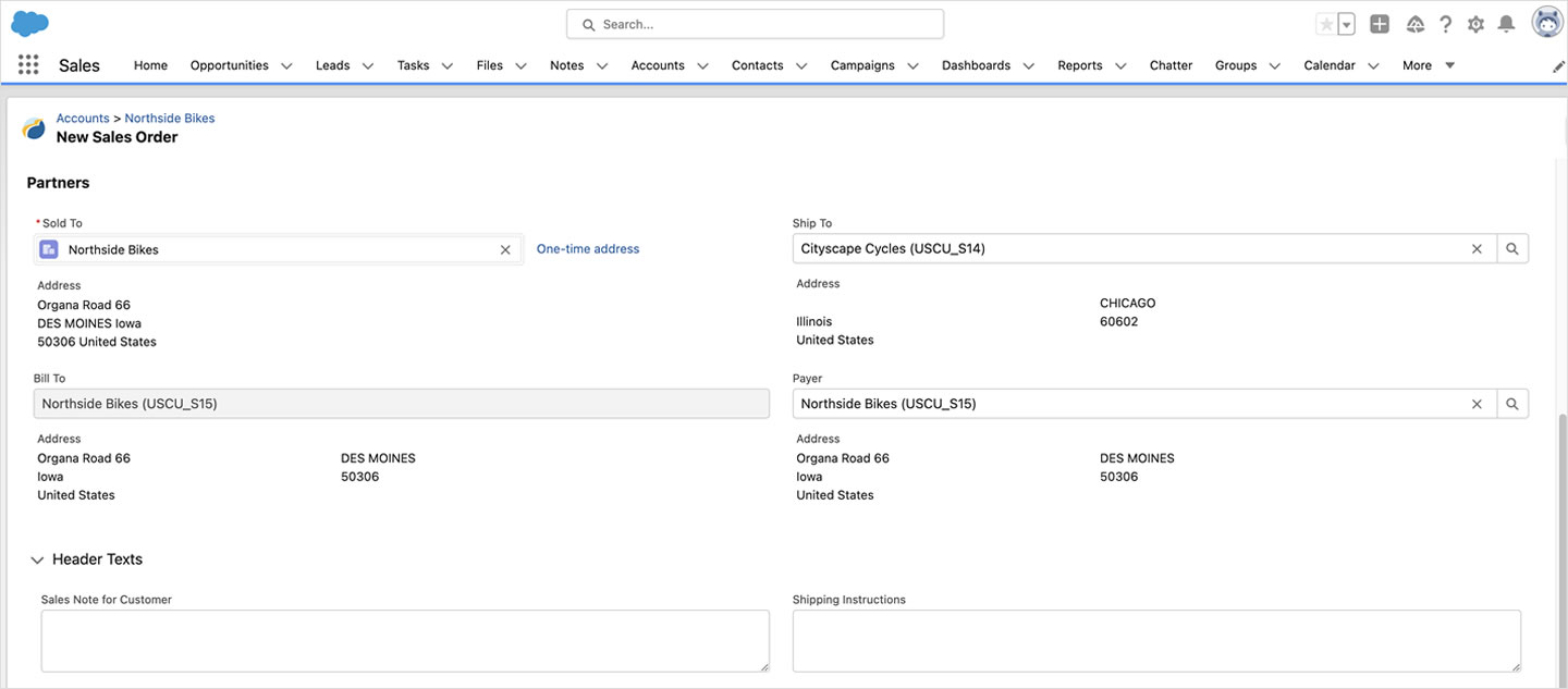 Creation of a new SAP Sales Order in Salesforce with Overcast (Business Partners)