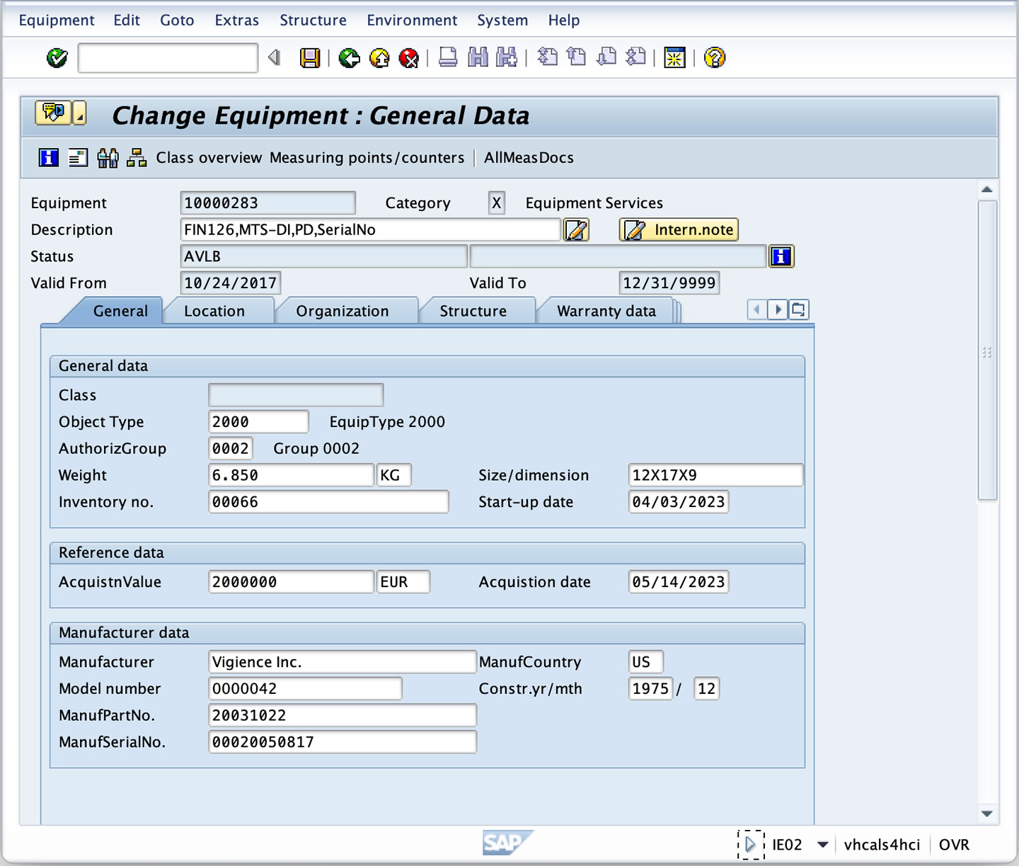 SAP GUI、transaction IE02 – Edit Equipment 