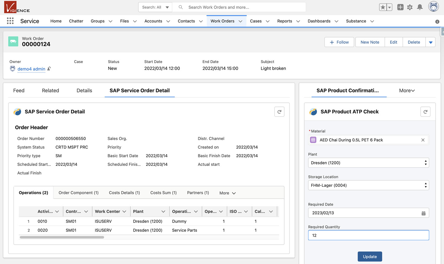 Ein Salesforce-Arbeitsauftrag mit Daten aus SAP, einschließlich ATP-Prüfung