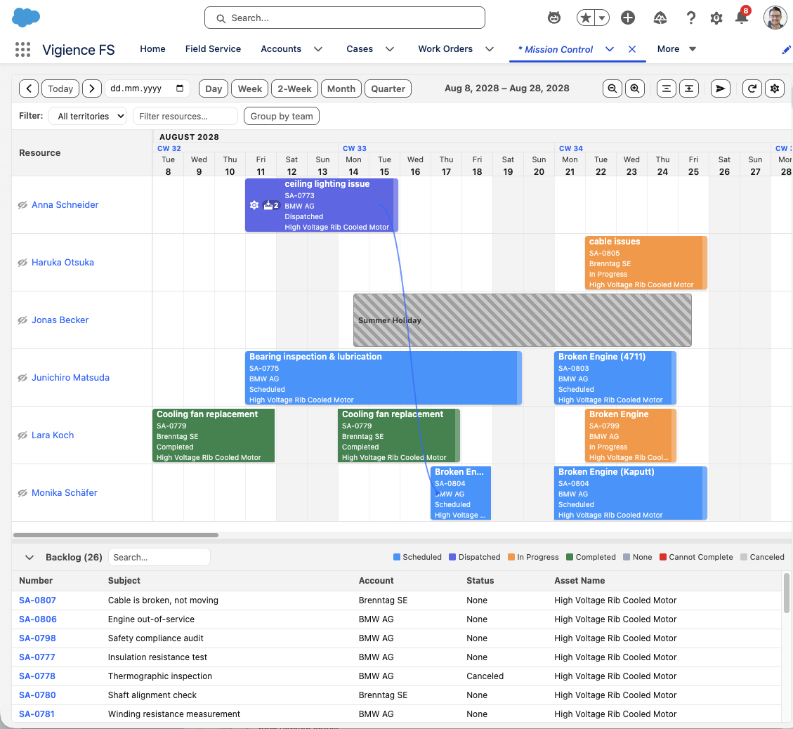 Long-term planning board in Vigience Field Service on Salesforce